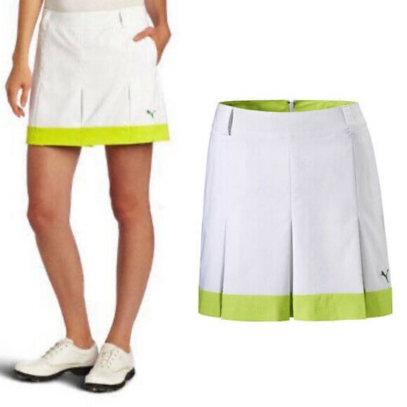 Puma Pleated Tech Golf Skirt White Neon Yellow Skort Trim Pocket Size 0 Tennis - Picture 2 of 14